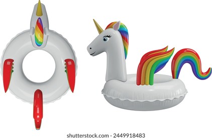 unicorn swimming ring 3d illustration. infaltable unicorn realistic illustration top and side view
