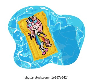 Unicorn swims in a pool lying on an inflatable swimming mattress. Cartoon character unicorn with glasses and a rainbow swimsuit. Vector illustration. Summer rest.