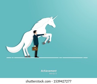 Unicorn Symbol Of Success. Business Startup Concept. Businessman And A Unicorn Looking At The Goal, Achievement, Leadership, Vector Illustration Flat 
