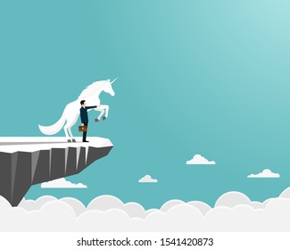 Unicorn Symbol Of Success. Business Startup Concept. Businessman And A Unicorn Stand On Cliff Looking At The Goal, Achievement, Leadership, Vector Illustration Flat 