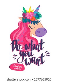Unicorn t shirt design. Funny animal cartoon illustration