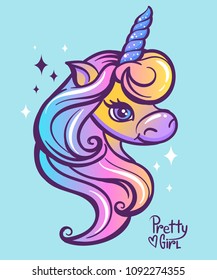 Unicorn t shirt design. pretty girl. magic animal. Fairytale horse with horn and big beautiful hairstyle. fancy girlish illustration