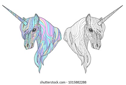 Unicorn tales animal, page for adult coloring book with sample. Color and monochrome doodle vector illustration.