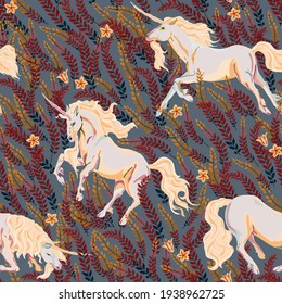 Unicorn in the tall grass seamless vector pattern. Surface design for fabric, wallpaper, wrapping paper, scrapbooking, invitation card. White, beige, ivory, plum, grey, gold colors.