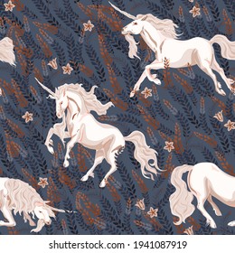 Unicorn in the tall grass seamless vector pattern. Surface design for fabric, wallpaper, wrapping paper, scrapbooking, invitation card. White, pink, purple, violet, plum color.