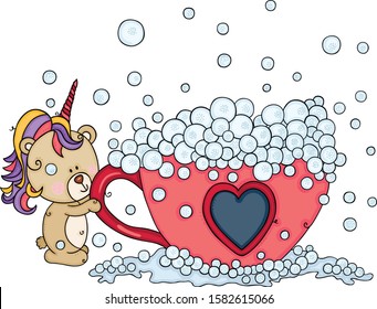 Unicorn of teddy bear holding a tea cup with soap bubbles
