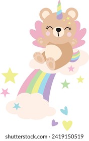 Unicorn teddy bear on rainbow with clouds