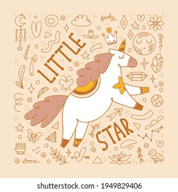 Unicorn Template Poster, Card, Flyer. Little star lettering. Cute cartoon illustration. Birthday baby shower party Invitation. Vector