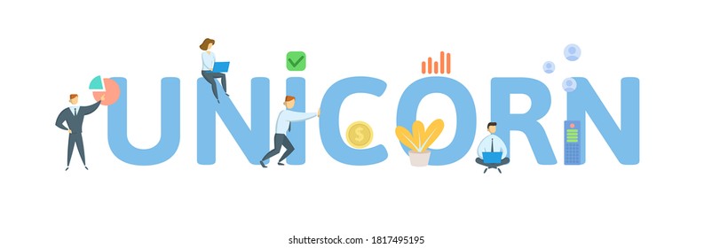 Unicorn, term to indicate a privately held startup company valued at over 1 billion. Concept with keyword, people and icons. Flat vector illustration. Isolated on white background.