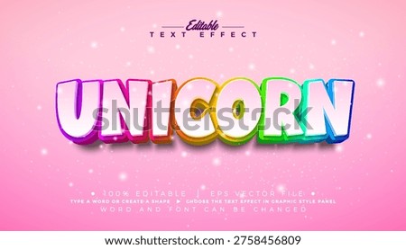 Unicorn Text Effect Design Editable Vector Graphic Style with Rainbow Color 3d Typography on Pink Background. CustomizableTemplate Illustration for Magic Greeting Card, Fantasy Banner, Flyer, Invitation, Brochure or Promotional Poster