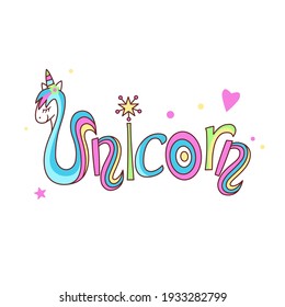 Unicorn text like a logo, badge, patch and badge isolated on whit background. Hand drawn lettering Unicorn for greeting card, invitation, flyer, banner template. Vector illustration