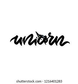 Unicorn text as logotype, badge, patch and icon isolated on white background. Hand drawn lettering made in vector.
