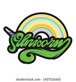 Unicorn text as logotype, badge, patch and icon isolated on white background. Hand drawn lettering Unicorn for postcard, card, invitation, flyer, banner template. Vector