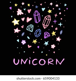 Unicorn text message. Funny doodle poster. Set collection. Amazing crystal, star, flower, heart, sparkle isolated. Vector hand drawn artwork. Black, pink purple, blue, yellow color Retro 80s 90s style