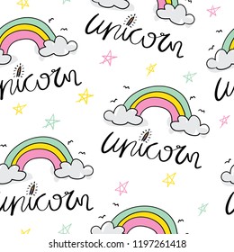 Unicorn text and rainbow cartoon drawing seamless repeating pattern texture background / Vector illustration design for textile graphics, fashion fabrics, wallpapers and other uses