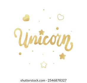 Texto del unicornio. Texto de Vector con estrellas plateadas y fuente curva escrita a mano. Oro. Estrellas