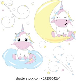 unicornio que se sienta en una nube.
 unicornio dormido que se sienta en la luna