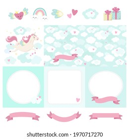 Unicorn theme. Big set of cute blank cards and tags with seamless pattern and decorative elements for DIY suitable for greeting, invitation, wish cards, birthday party, baby shower. Pastel colors. 