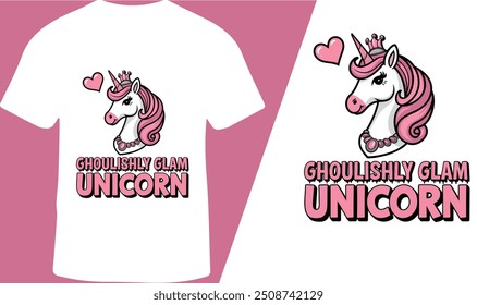 Unicorn Themed Halloween T-Shirt Design para Crianças e Mulheres, Ilustração Vetorial, Halloween Unicorn, Temporada de Halloween.
