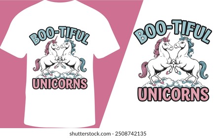 Unicorn Themed Halloween T-Shirt Design para Crianças e Mulheres, Ilustração Vetorial, Halloween Unicorn, Temporada de Halloween.
