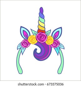 Unicorn tiara with bang, rainbow horn, pink and yellow roses. Vector.