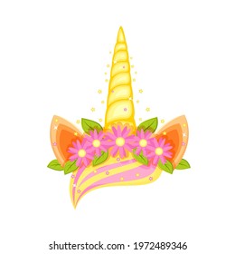 Unicorn tiara  with different flowers, ears and horn. Golden unicorn horn   with hair vector illustration in a cartoon flat style isolated on white background.