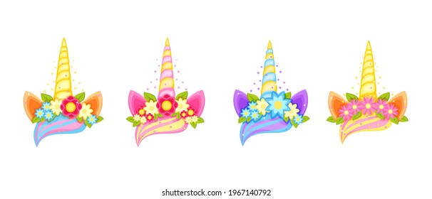 Unicorn tiara set with different flowers, earns and horns. Golden unicorn horns with flower and hear vector illustration in a cartoon flat style isolated on white background.