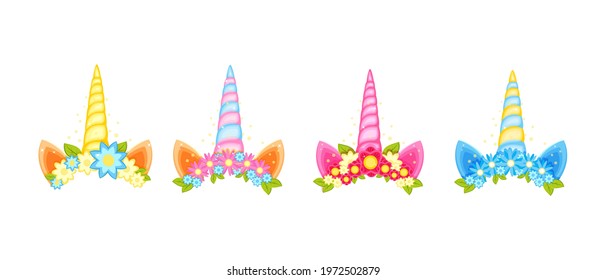 Unicorn tiara set with different flowers, ears and horns. Golden unicorn horns with flower and hear vector illustration in a cartoon flat style isolated on white background. svg