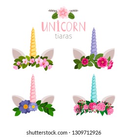 Unicorn tiaras with colored flowers of collection. Vector of tiara unicorn pony illustration