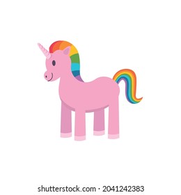 Unicorn toy with rainbow mane and tail on white background. Cartoon illustration, vector.