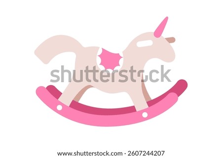 Unicorn toy, rocking horse with horn. Cute wooden game for nursery kids, baby play. Funny swinging animal doll for riding, kindergarten fun. Flat vector illustration isolated on white background