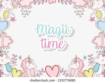 unicorn trendy character with hearts and crowns