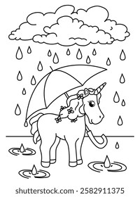 Unicorn with an umbrella in rainy weather. Autumn, puddle. Black and white coloring.