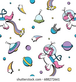 Unicorn in the universe seamless pattern funny