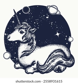 Unicorn and universe tattoo and t-shirt design. Black and white vector graphics. Symbol of magic dreams, fairy tales, imagination