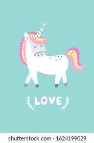 Unicorn vector card for children. Cute magic animal character illustration with lettering