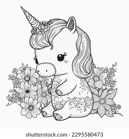 Unicorn vector coloring book black and white for adults isolated line art on white background.