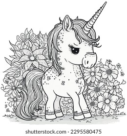Unicorn vector coloring book black and white for adults isolated line art on white background.