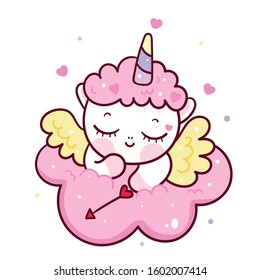 Unicorn vector cupid cartoon with narrow, Cute pony child girly doodles Valentines day (Kawaii animal) Illustration of character in pastel color, Fairytales horse. Nursery decoration, hand drawn.