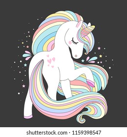 Unicorn vector cute character. White unicorn with rainbow hair vector illustration