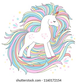 Unicorn vector cute character. White unicorn with rainbow hair vector illustration