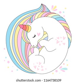 Unicorn vector cute character. White sleep unicorn with rainbow hair vector illustration