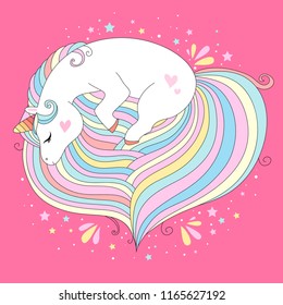 Unicorn vector cute character. White sleep unicorn with rainbow hair vector illustration