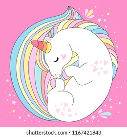 Unicorn vector cute character. White sleep unicorn with rainbow hair vector illustration