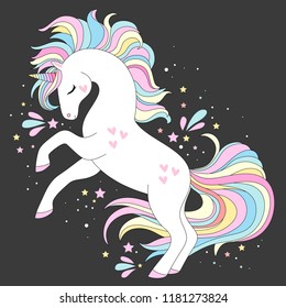 Unicorn vector cute character. White unicorn with rainbow hair vector illustration