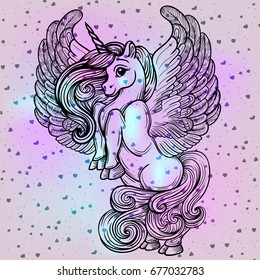 Unicorn vector drawing. Fantastic animal flying, isolated