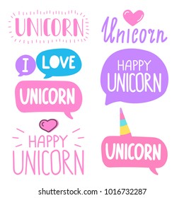 Unicorn. Vector hand drawn set lettering illustration on white background.