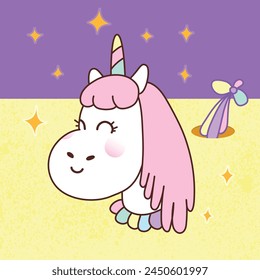 Cabeza de Vector Unicornio. Clipart de animales. Lindo parche de dibujos animados de bebé. Caballo con melena rosa y cuerno de arco iris. Tarjeta de cumpleaños. Camiseta chica divertido estampado. Nuevo unicornio blanco sonriente. Estrellas que caen amarillas.