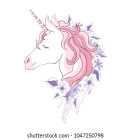 unicorn vector head with mane and horn on floral background.