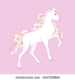 unicorn vector head with mane and horn on floral background.